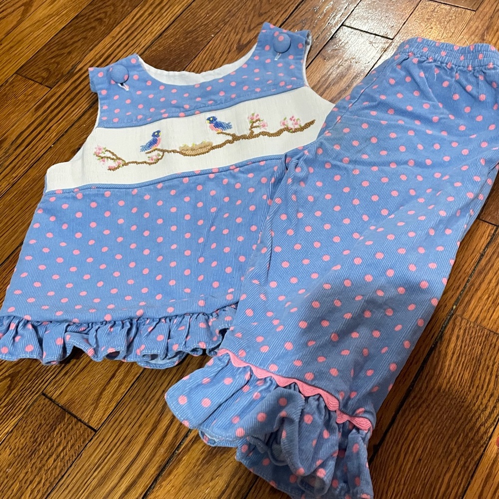 100% Cotton Smocked Pant Set Polka Dots and Birds